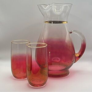 Vintage Blendo Rose Glow 3 Piece Beverage Set “Ruby Flash” Fade Glass 10” and 5”